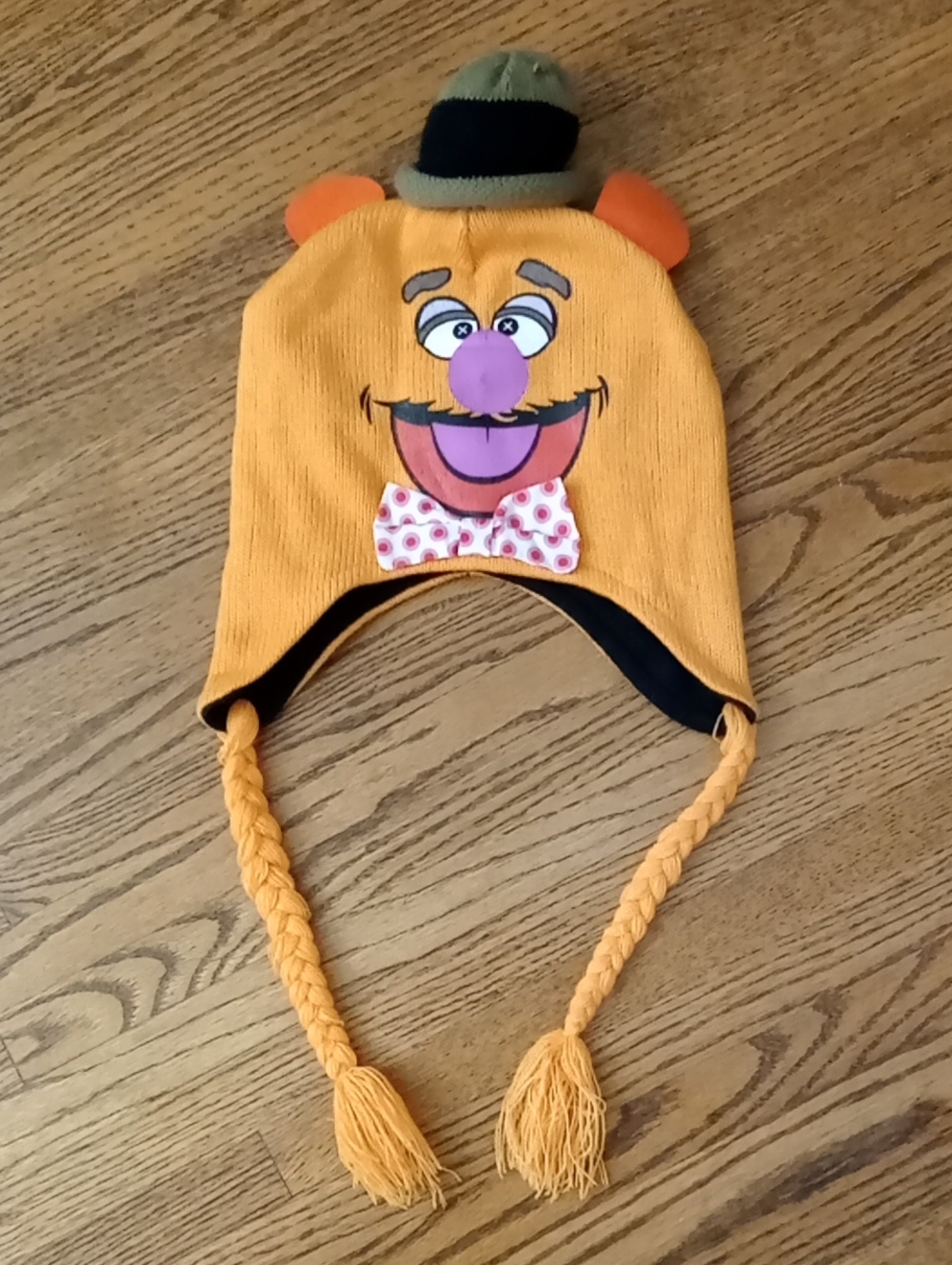Disney Orange Yellow Character Earflap Hat with Purple Nose and Pink Bow